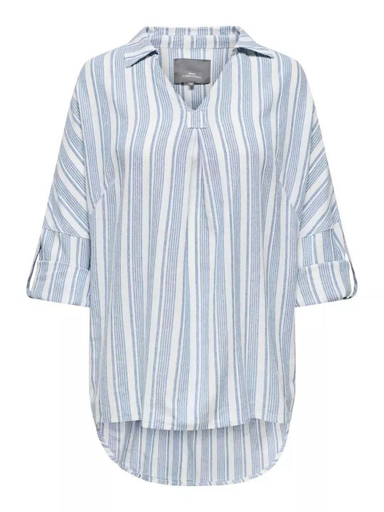 Women's Summer Blouse Linen with 3/4 Sleeve Striped Sky Blue