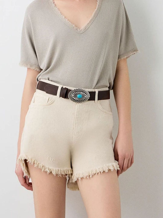 Women's Blouse Short Sleeve with V Neckline Beige