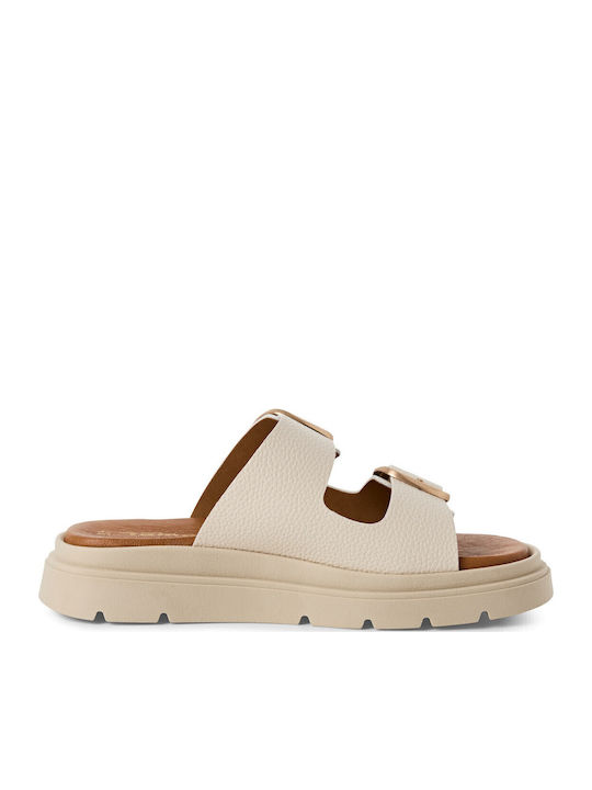 Leather Women's Flat Sandals in Ecru Color