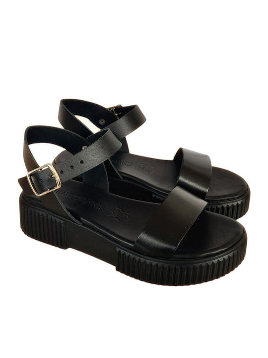 Leather Women's Flat Sandals Flatforms in Black Color