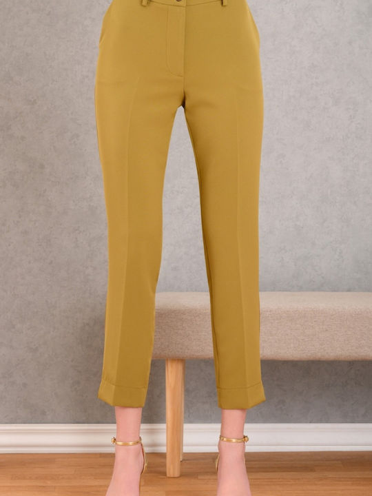 Dama Talie înaltă Tesatura Pantaloni cu Elastic Olive
