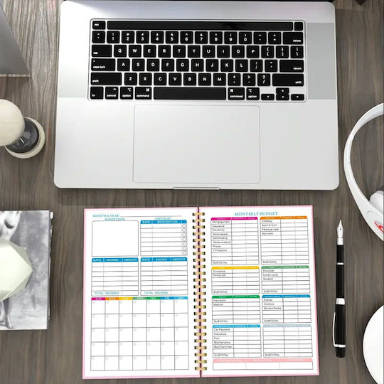 Undated Budget Planner Spiral-bound Plastic Cover Bullet Journal Style Monthly Organization In English A5 Black