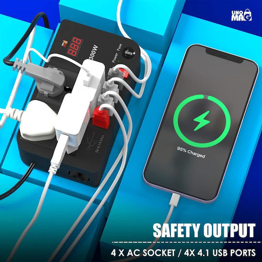 Invertor de tensiune auto portabil Linomag 12v DC la 220v AC 300w afișaj digital prize universale EU UK USA AU 4.1a USB protecție la supratensiune negru