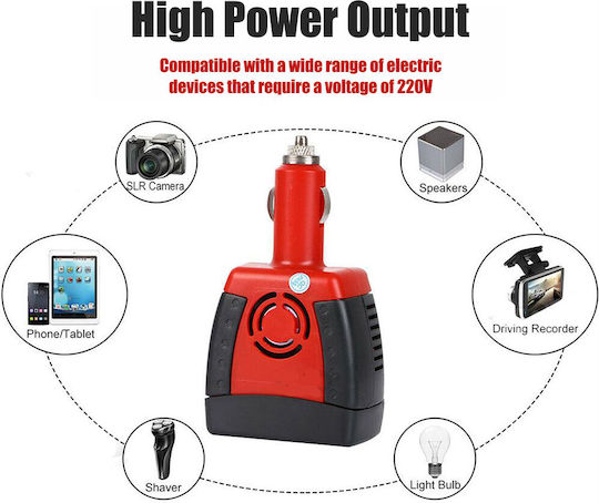 Invertor de Tensiune Auto DC 12V la AC 220V Linomag 150W Adaptor Priză UE UK SUA AU USB 2.1 Roșu Negru