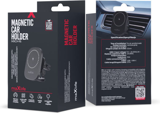 Maxlife Suport Auto pentru Telefon cu magnet și Încărcare Wireless Neagră