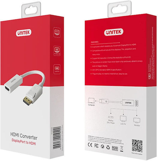 Unitek Конвертор DisplayPort мъжки към HDMI женски Бял 1бр Y-6332