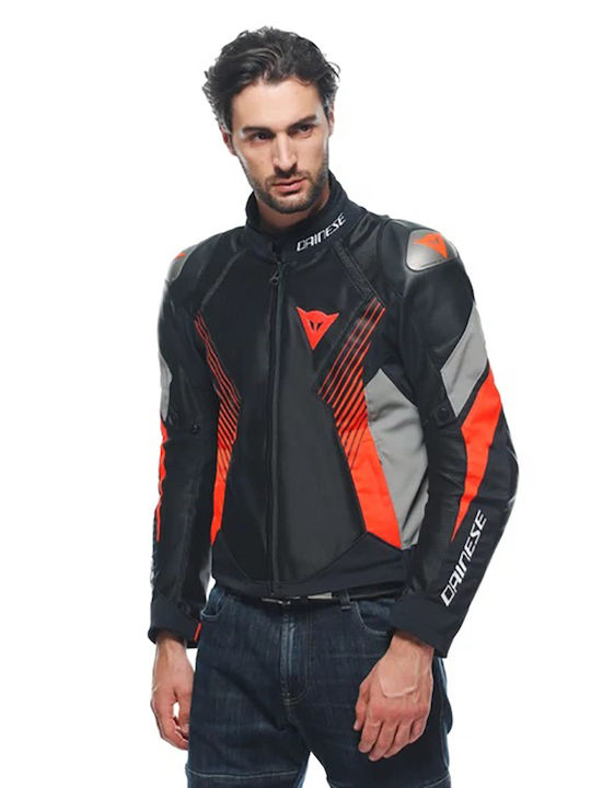 Dainese Super Rider 2 Herren Motorradjacke Leder 4 Jahreszeiten Wasserdicht Black/Dark Gull Gray/Fluo-Red