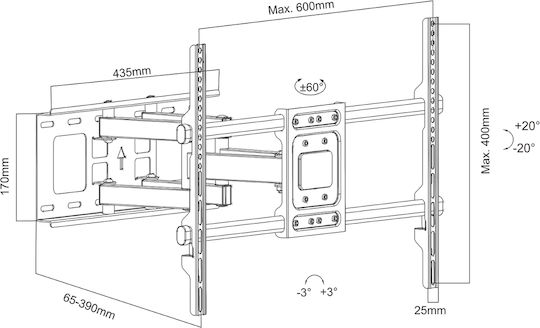 Maclean TV Mount Maximum Vesa 600x400 32-85" 60kg Vertical Horizontal Angle Adjustment Profile 65-390mm Black Mc-789