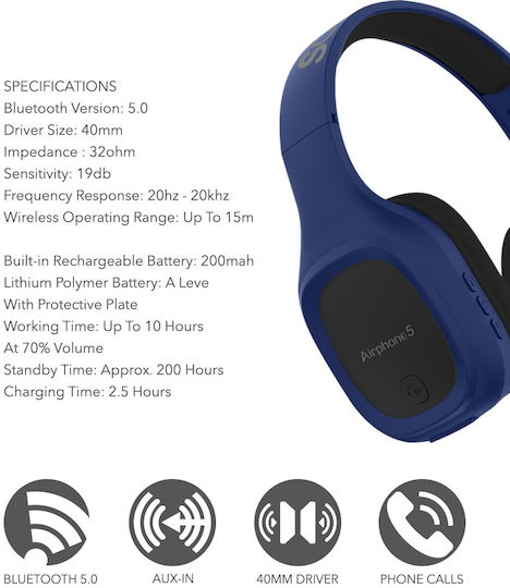 Sonic Gear Airphone 5 Fără fir / Cu fir Over Ear Căști cu 10 ore de Funcționare Albastre