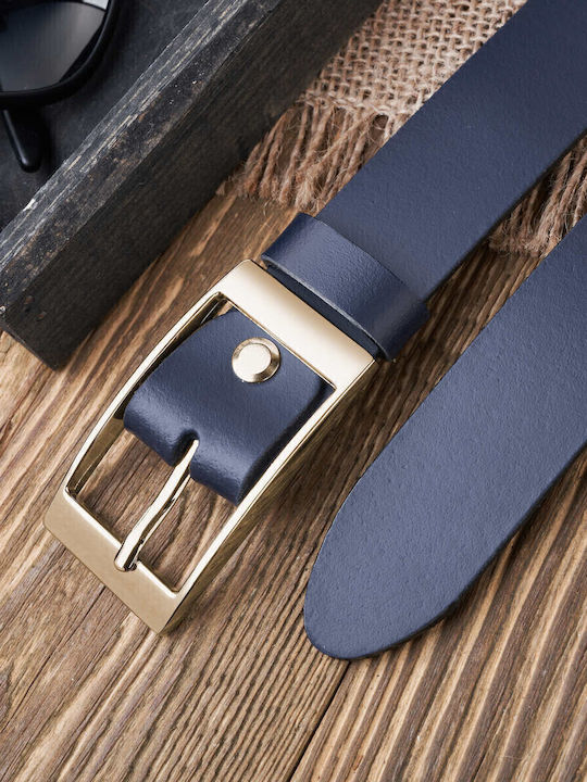 Women's Dark Blue Leather Belt 120 Cm Gold Buckle Pg-02-dbz-120