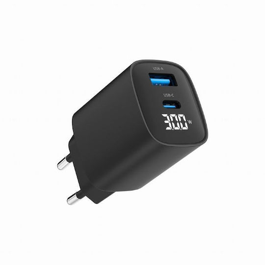 Gembird Зарядно без кабел с USB-A порт и USB-C порт 30W Power Delivery / Quick Charge 3.0 Черен (TA-UC-PDQC30LCD-BK-01)