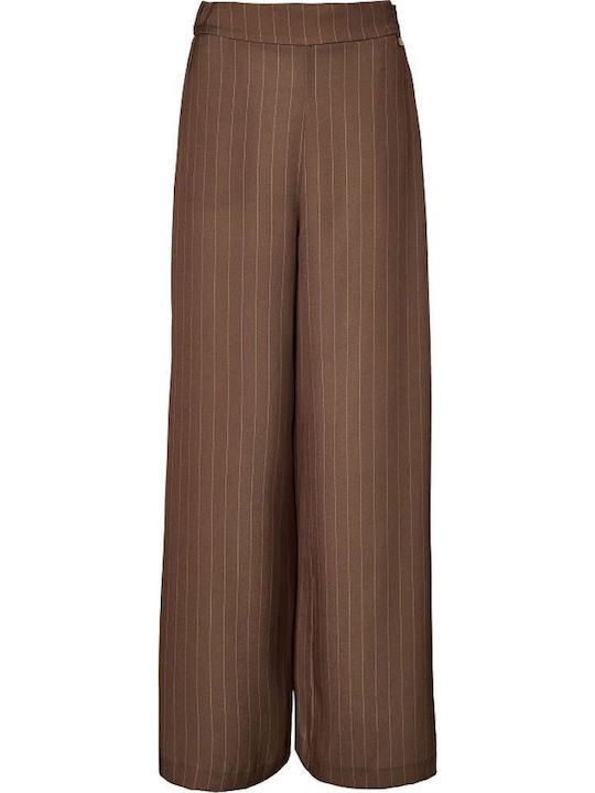 Women's Fabric Trousers with Elastic in Regular Fit Striped Chocolate