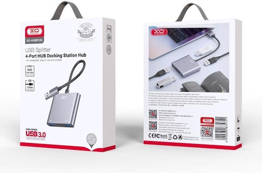 XO HUB012A Hub USB 4 Porturi USB 3.0 cu Conectare USB-A Ethernet Argintiu