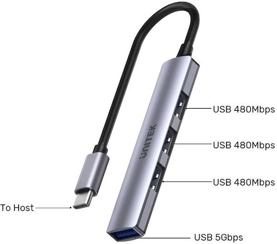 Unitek Hub 3 Θυρών USB 2.0 με σύνδεση USB-C Γκρι