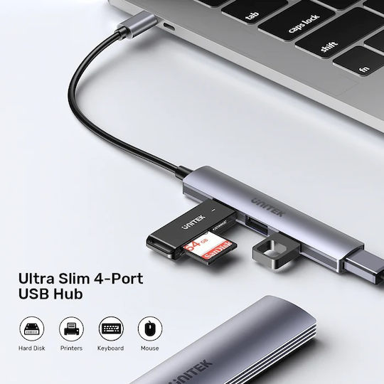 Unitek Hub 3 Θυρών USB 2.0 με σύνδεση USB-C Γκρι