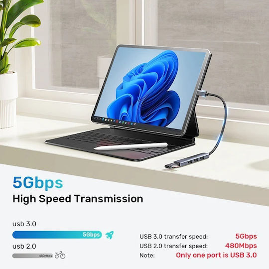 Unitek Hub 3 Θυρών USB 2.0 με σύνδεση USB-C Γκρι