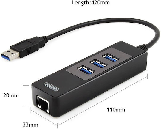 Unitek Y-3045C USB Hub 3 Ports USB 3.0 with USB-A Connection Ethernet