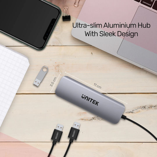 Unitek USB Hub 5 Ports USB 3.2 with USB-C Connecting to a Computer Gray