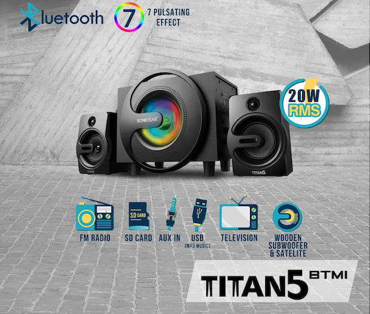 Sonic Gear Titan 5 BTMI Ασύρματα Ηχεία Υπολογιστή 2.1 με Bluetooth και Ισχύ 20W σε Μαύρο Χρώμα
