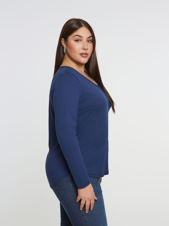 Basic Women's Blouse Cotton Long Sleeve Blue