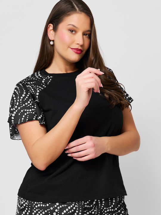 Women's Blouse Cotton Short Sleeve Floral Black
