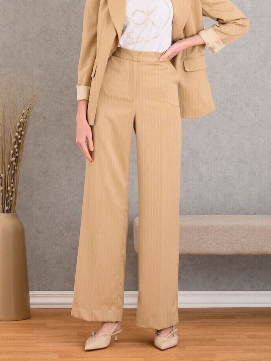 Damen Stoff Hose mit Gummizug in Gerader Linie Gestreift Beige