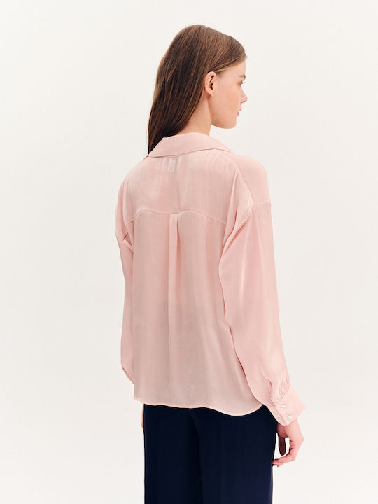 Langärmelig Damen Satin,σατεν Hemd Pink