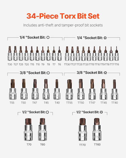 Torx Bit Socket Σετ 34 Τεμαχίων Solid Star Tamper Proof T6-t70 S2 Alloy Steel