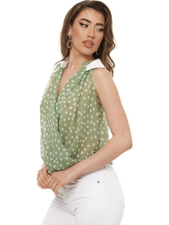 Ärmellos Damen Hemd Grün Polka Dot