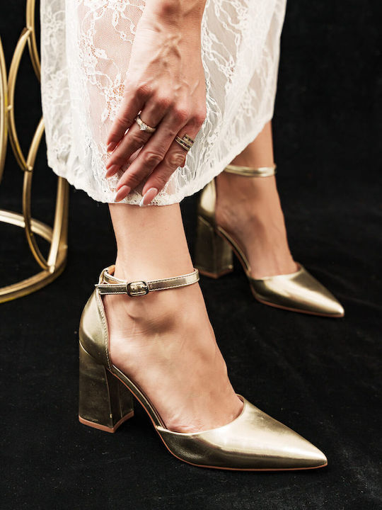 Pantofi cu Toc Gros Aurii Minimal Nude