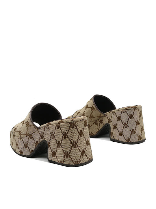 Mules with Chunky High Heel in Brown Color