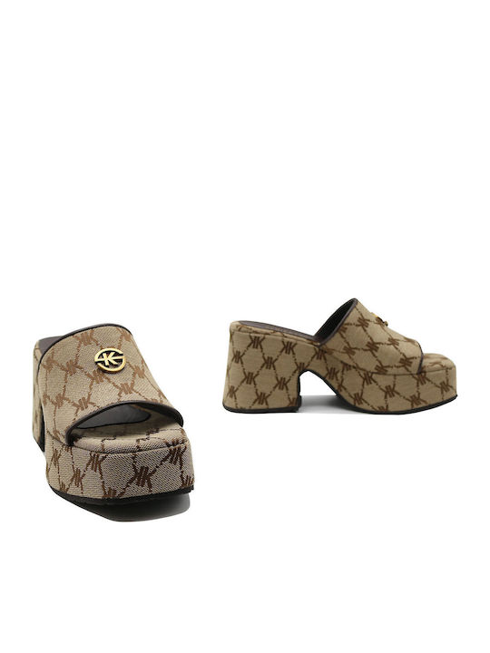 Mules with Chunky High Heel in Brown Color