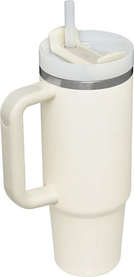 Stanley Quencher H2.0 FlowState Handled Tumbler Thermos Stainless Steel BPA Free 890ml Beige with Straw and Handle