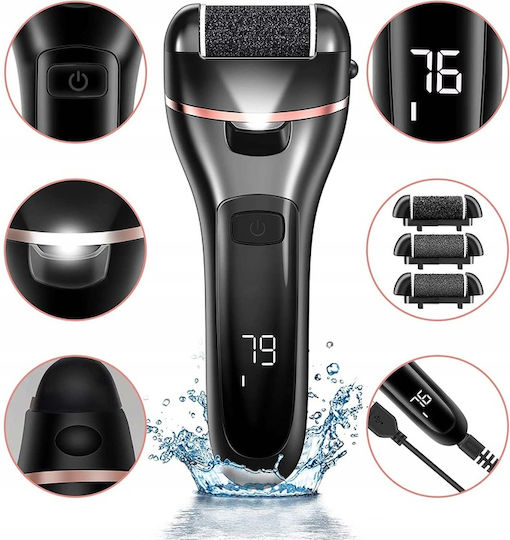 Set Newevo Pila Electrică pentru Călcâie cu Afișaj Digital, Baterie 1200 mAh, 2 Viteze, 2400 Rpm, 6 Capete Incluse, Lanternă LED, Accesorii Incluse, Îndepărtează Pielea Moartă