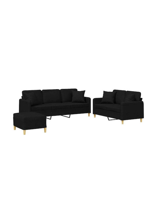 Living Room Furniture Set 2-Seater & 2-Seater & Stool Black