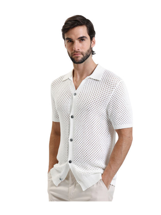 Short-sleeved Cotton Shirt in Wide Line White