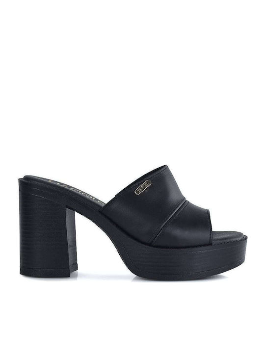 Leather Mules with Chunky High Heel in Black Color