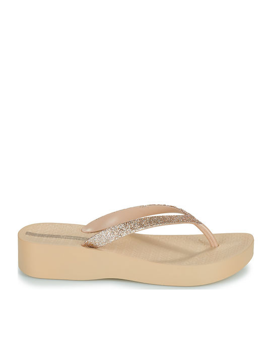 Mesh Flip Flops with Platform in Gold Colour