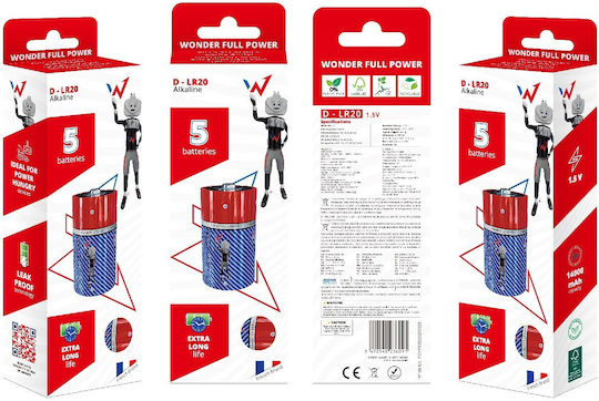 Alkaline Battery Wonder Full Power D-lr20 1.5v Pack of 5