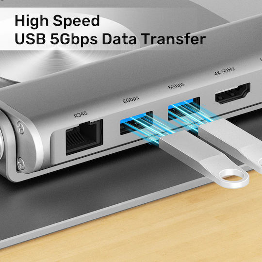 Unitek USB-C Docking Station με HDMI 4K PD Ethernet Ασημί (D1109B01)