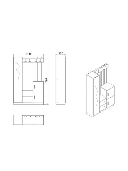 Saron Entry Furniture with Mirror / Hanger & Shoe Rack Natural anthracite 113x35x180cm