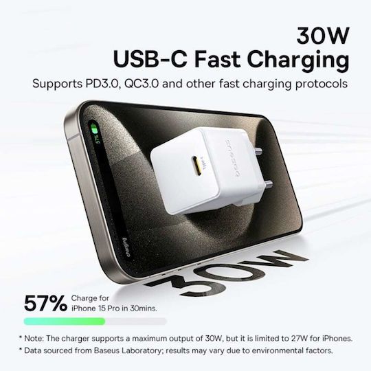 Baseus Ladegerät mit USB-C Anschluss und Kabel USB-C - USB-C 30W Stromlieferung Weißs (Palm)