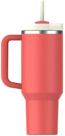 Stanley Quencher H2.0 FlowState Handled Thermos Stainless Steel BPA Free 1.18L Hot Coral with Straw and Handle