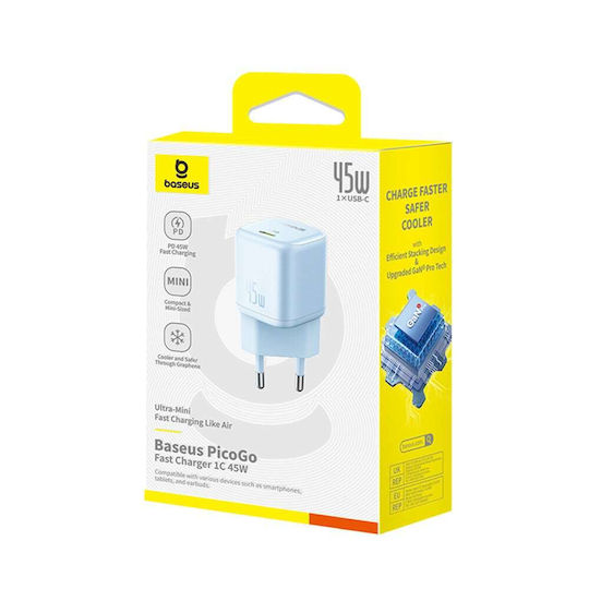 Baseus Charger Without Cable GaN with USB-C Port 45W Power Delivery / Quick Charge 3.0 / SuperCharge Galaxy Blue (PicoGo)