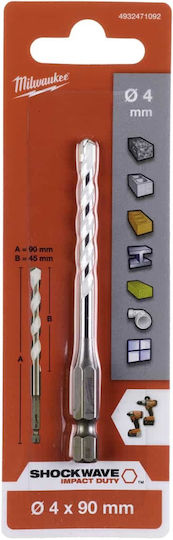 Milwaukee Shockwave Свредло Карбид с Шестоъгълна Опашка за Строителни материали, Метал, Дървο, Стъкло и плочки 4x90mm