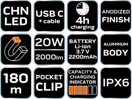 Neo Tools Επαναφορτιζόμενος Φακός LED IPX6 με Μέγιστη Φωτεινότητα 2000lm