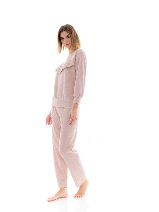 Pink Label Χειμερινό Γυναικείο Σετ Πιτζάμας Βαμβακερό Baby Pink