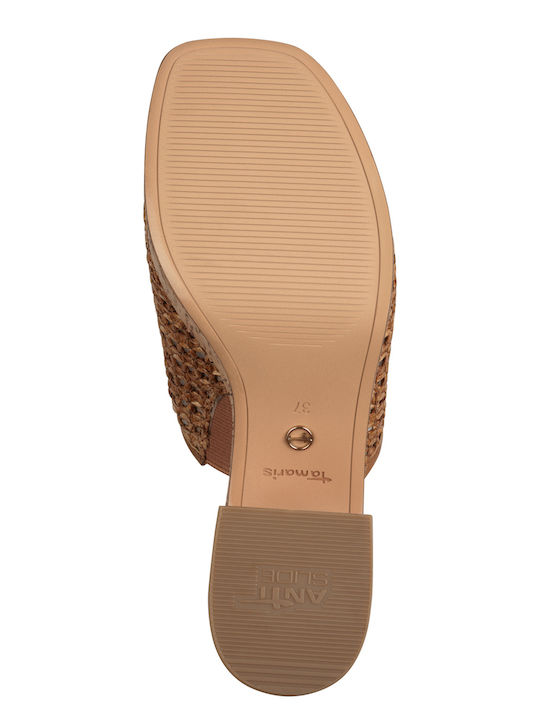 Leather Mules with Chunky Heel in Tabac Brown Color