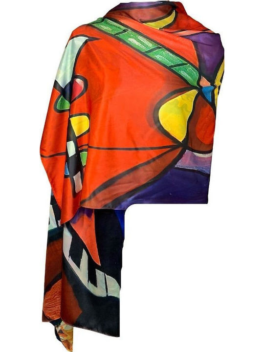Eșarfă pictată dublă P2 Dacali mătase roșu galben 180x70cm