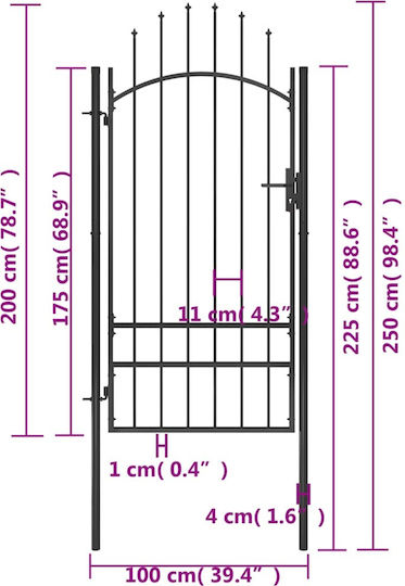 vidaXL Метална Врата за Ограда с копиями в Черен Цвят 2.5x1.0m
